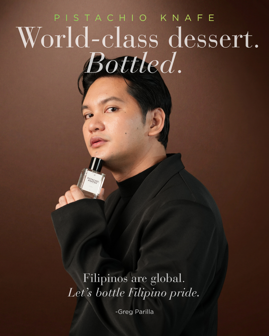 A promotional portrait of a man in a black shirt holding a Pistachio Knafe bottle against a dark brown background, with large white and green text reading 'Pistachio Knafe World-class dessert. Bottled.