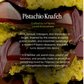 A close-up food photograph of pistachio knafeh dessert with rich yellow-green pistachio filling and dark brown pastry layers, overlaid with white text describing the dessert.