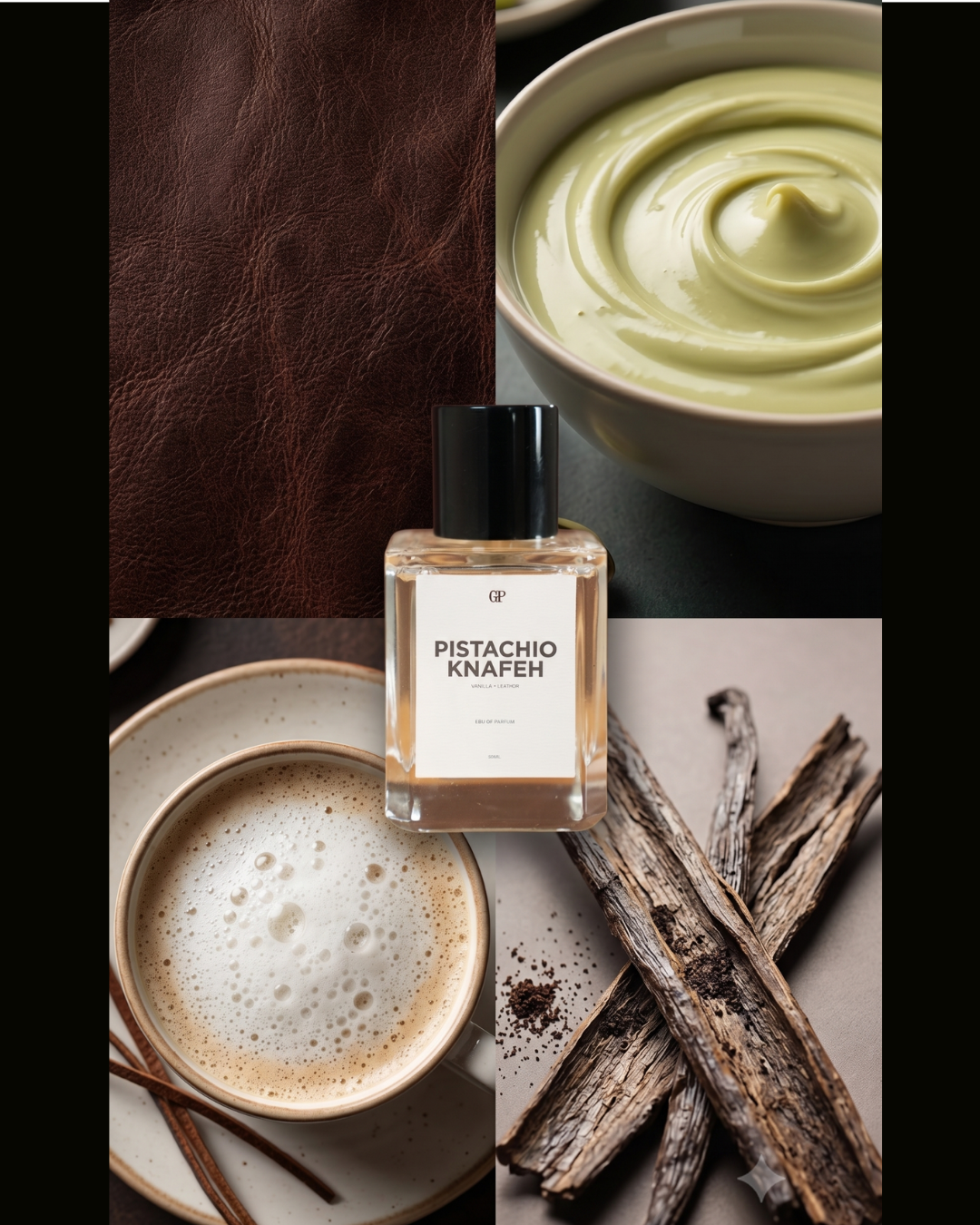 A perfume bottle labeled 'PISTACHIO KNAFEH' centered over a four-panel collage of warm, nutty tones: dark brown leather texture, a bowl of pale pistachio cream, a cappuccino cup with foam, and vanilla beans.