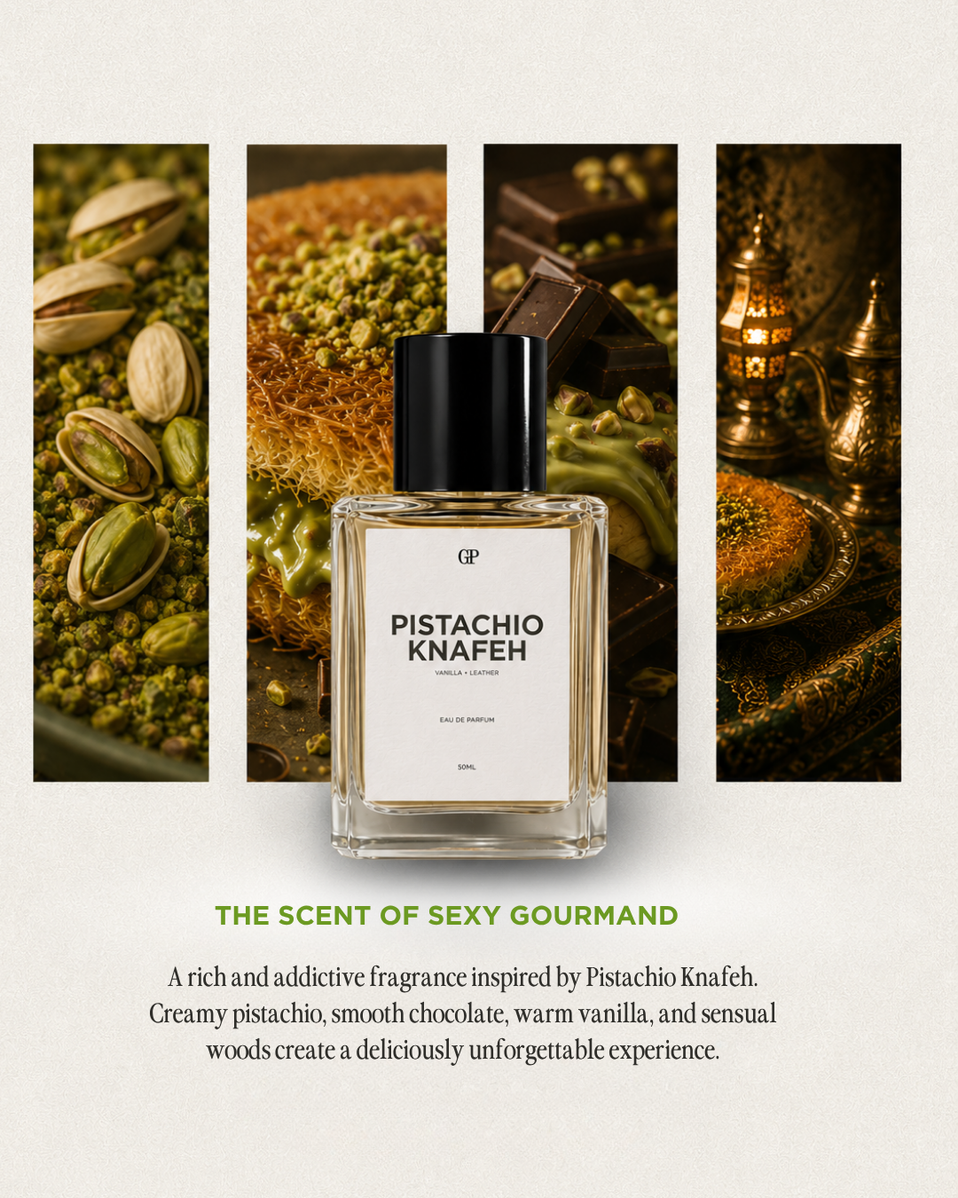 A perfume bottle labeled 'Pistachio Knafeh' centered against a cream background, with three vertical food-themed panels behind it showing pistachios, nuts, and warm amber tones. Text below reads 'THE SCENT OF SEXY GOURMAND' with a descriptive scent note.