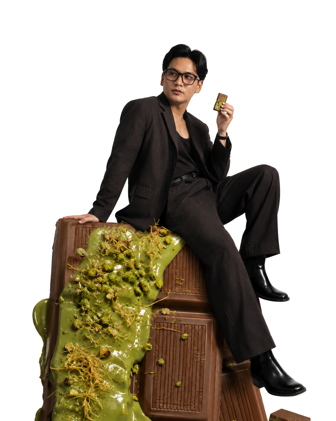 A man in a black suit and glasses sits on a large chocolate bar decorated with green icing and small green candies, holding a small gold card against a plain white background.