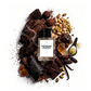 A clear glass perfume bottle labeled 'PIETACHO KNAFEH' with a black cap, arranged on a white background with chocolate pieces, pistachios, cocoa powder, vanilla beans, and amber crystals around it.
