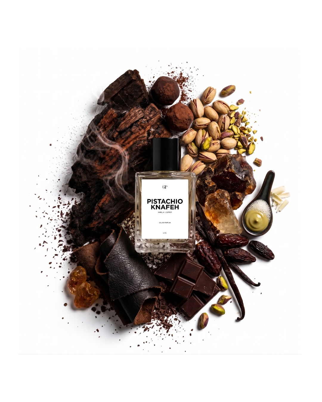 A clear glass perfume bottle labeled 'PIETACHO KNAFEH' with a black cap, arranged on a white background with chocolate pieces, pistachios, cocoa powder, vanilla beans, and amber crystals around it.